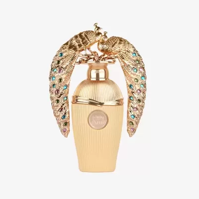 Frasco de perfume dourado decorado com pavões coloridos