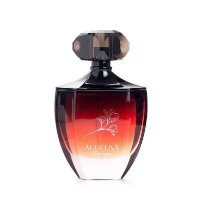 Frasco de perfume em vidro degradê vermelho para transparente com tampa preta e texto ACUCENA