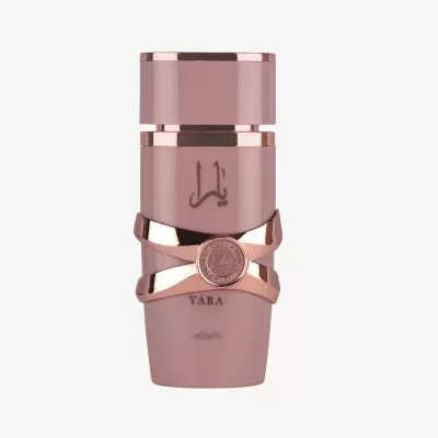 Frasco de perfume rosa nude com detalhes dourados e inscrições