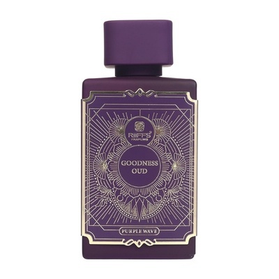 Frasco de perfume roxo com etiqueta dourada GOODNESS OUD.