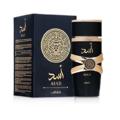 Perfume ASAD Lattafa em frasco preto e dourado com caixa preta e dourada