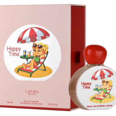 Perfume Happy Time Lattafa Pride embalagem cor de rosa com ilustração e frasco com tampa vermelha