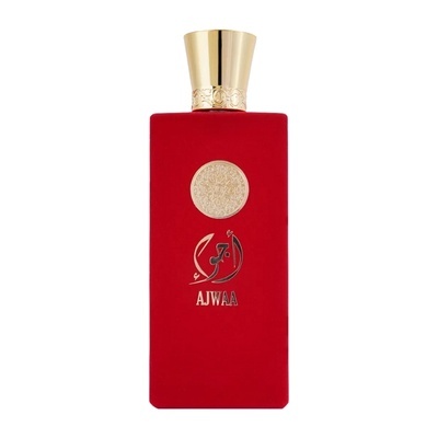Frasco de perfume vermelho com tampa dourada e texto AJWAA