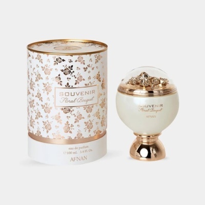 Perfume Souvenir Floral Bouquet da Afnan com embalagem decorativa e frasco arredondado crema dourado