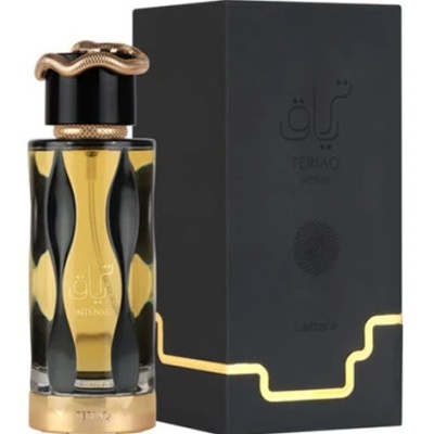 Frasco de perfume Terião Intense com tampa preta e serpente dourada ao lado de caixa preta.