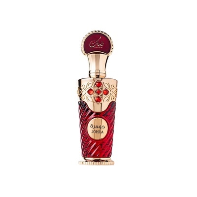 Frasco de perfume vermelho e dourado com texto JOHRA