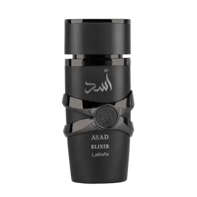 Frasco preto de perfume ASAD ELIXIR Lattafa com detalhes brilhantes