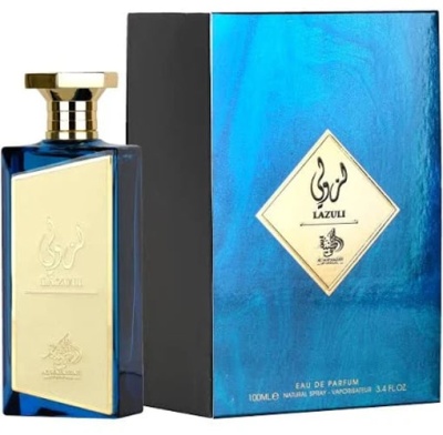 Frasco e embalagem de perfume Lazuli azul e dourado