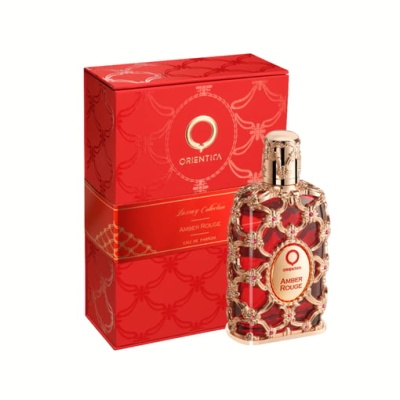 Frasco de perfume Amber Rouge da Orientica com embalagem vermelha e detalhes dourados