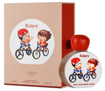 Frasco e caixa de perfume Riders com ilustração de crianças em bicicletas