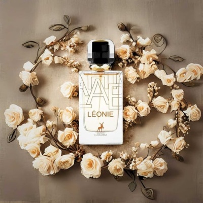 Frasco de perfume branco LÉONIE rodeado por flores creme em círculo