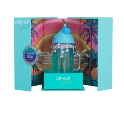 Frasco de perfume Armaf Island Bliss em caixa colorida com ilustração tropical