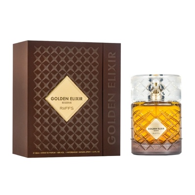 Frasco de perfume Golden Elixir Reserve com embalagem castanha