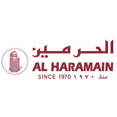 Logótipo AL HARAMAIN com texto em árabe e inglês e símbolo circular vermelho