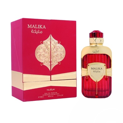 Frasco vermelho com detalhes dourados e embalagem vermelha do perfume MALIKA NUSUK