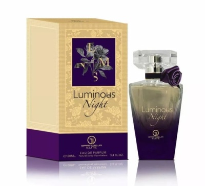 Perfume Luminous Night com frasco degradê cinza e roxo e embalagem bege com detalhes roxos