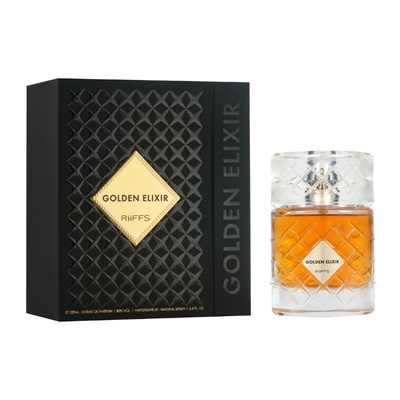 Frasco de perfume Golden Elixir da Riiffs com embalagem preta e rótulo dourado