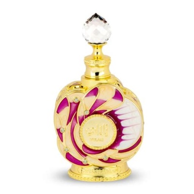 Frasco de perfume dourado com detalhes rosa, branco e tampa em cristal