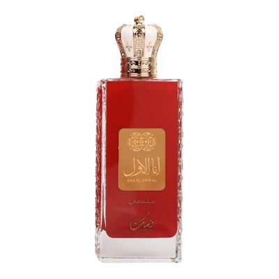 Frasco vermelho de perfume com tampa em forma de coroa dourada
