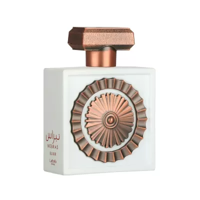 Frasco de perfume branco com detalhe decorativo de metal bronze e tampa bronze octogonal