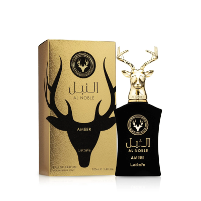 Frasco de perfume preto Al Noble Ameer com tampa dourada em forma de cabeça de cervo e caixa dourada com relevo