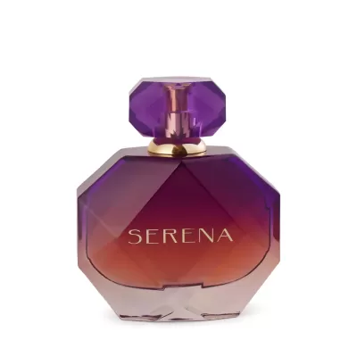 Frasco de perfume roxo e castanho com tampa roxa e texto SERENA