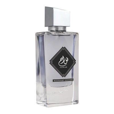 Frasco de perfume retangular com tampa prateada e rótulo preto FAWAH MIDNIGHT EDITION