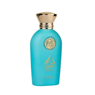 Frasco de perfume azul fosco com tampa dourada e detalhes dourados
