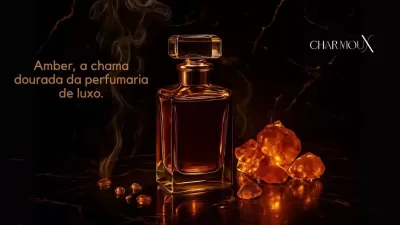 Frasco de perfume âmbar com pedras e fumo sobre superfície escura