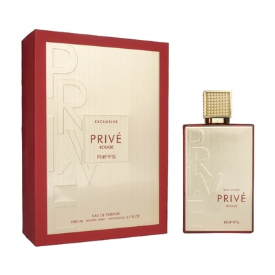 Perfume PRIVE ROUGE EXCLUSIVE com embalagem vermelha e detalhes dourados