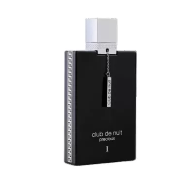 Frasco de perfume preto com tampa branca e etiqueta pendente