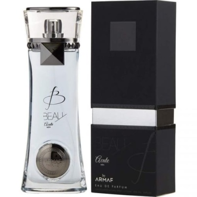Frasco de perfume azul claro com embalagem preta ao lado.
