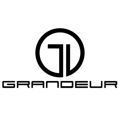 Logótipo preto com círculo e texto GRANDEUR