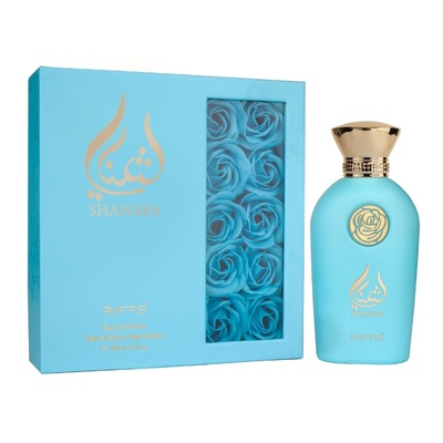 Conjunto de perfume Shanaya azul com flores artificiais na caixa