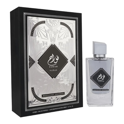 Perfume Fawah Nusuk Midnight Edition com embalagem preta e prateada e frasco transparente com tampa cinza