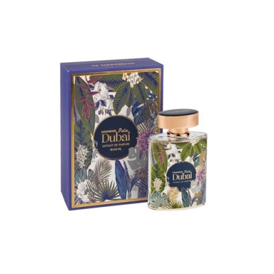 Perfume Dubai com embalagem floral azul, verde e branca