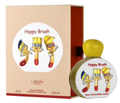 Frasco e caixa de perfume Happy Brush com ilustração de pincéis coloridos