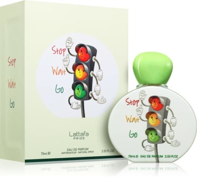Frasco de perfume e caixa com ilustração de semáforo sorridente e texto Stop, Wait, Go