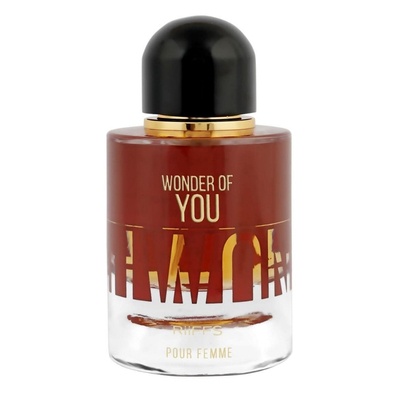 Frasco de perfume feminino Wonder of You com tampa preta e texto dourado
