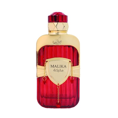 Frasco de perfume vermelho com detalhes dourados e etiqueta MALIKA