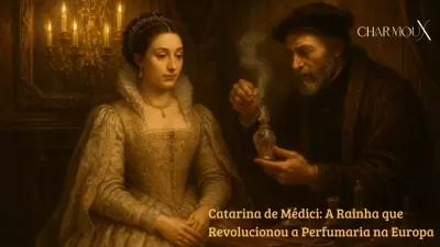 Mulher com vestido antigo e homem com frasco perfumado em ambiente histórico iluminado por velas
