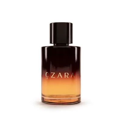 Frasco de perfume OZARA castanho e âmbar com tampa preta