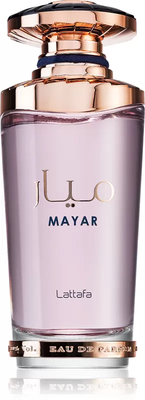 Frasco de perfume MAYAR da Lattafa em vidro translúcido rosa com tampa dourada