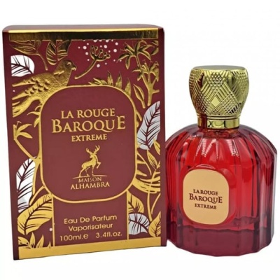 Frasco vermelho de perfume La Rouge Baroque Extreme com caixa vermelha e dourada
