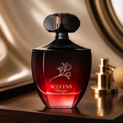 Frasco de perfume ACUCENA Rouge em vidro vermelho e preto sobre madeira