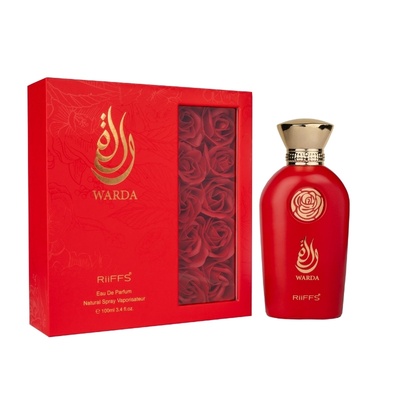 Conjunto de perfume Warda Riiffs com caixa vermelha e frasco vermelho com tampa dourada
