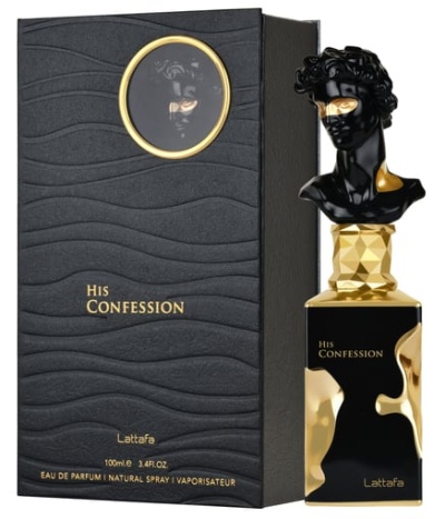Perfume 'His Confession' Lattafa preto e dourado com caixa texturizada