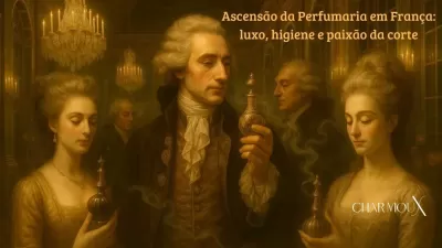Homem e duas mulheres de época segurando frascos de perfume dourados em ambiente luxuoso