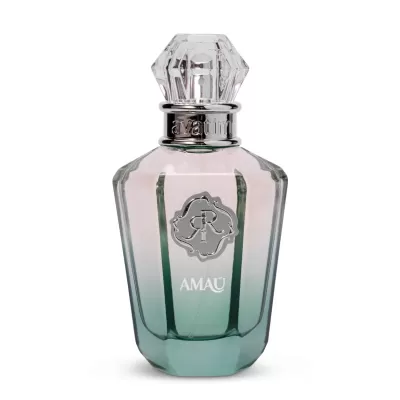 Frasco de perfume em vidro com tampa transparente e detalhes metálicos.