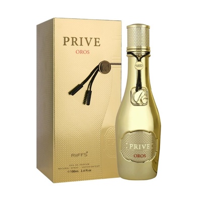 Garrafa dourada de perfume PRIVE OROS com caixa correspondente